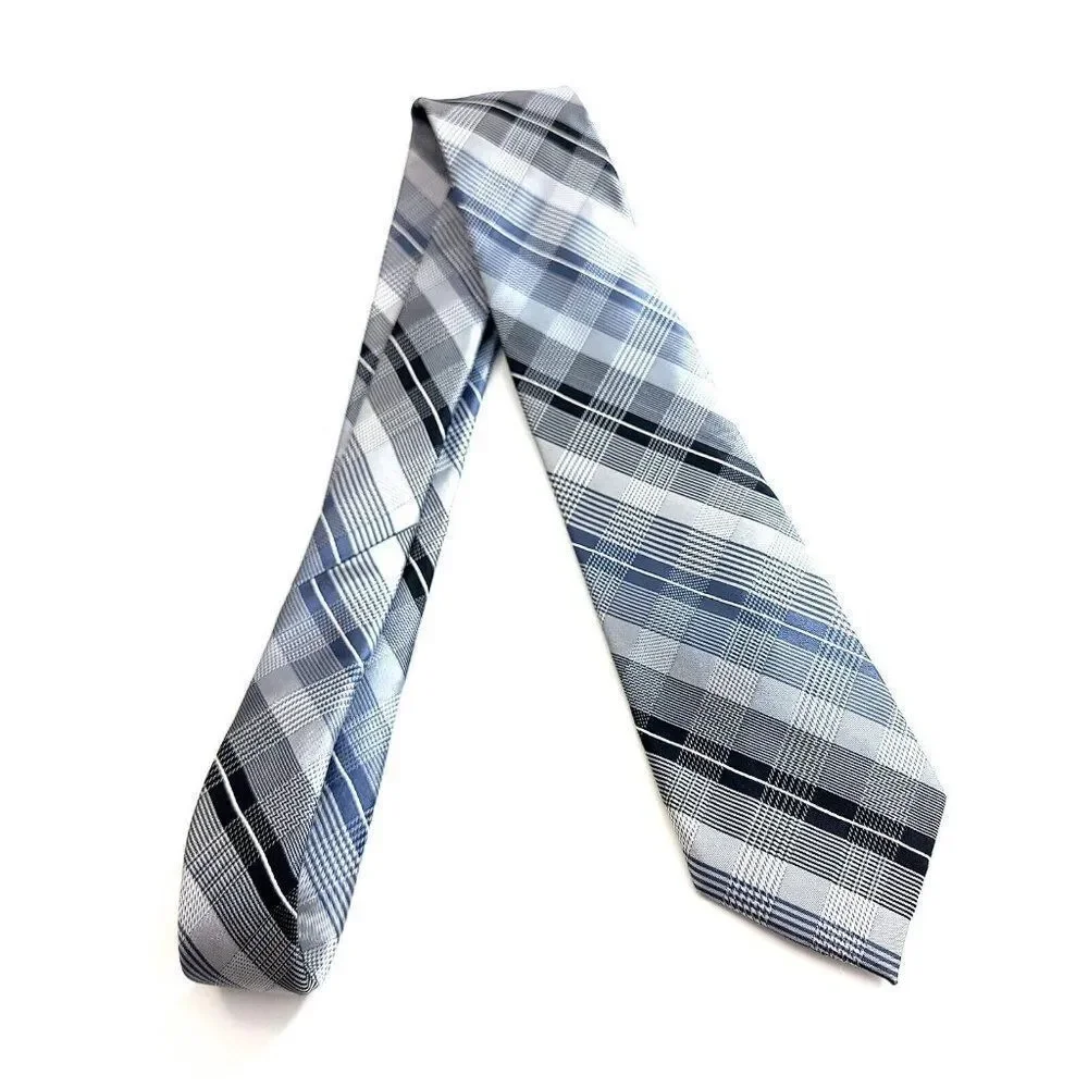Calvin Klein Gray‎ Blue Plaid Woven Silk Tie